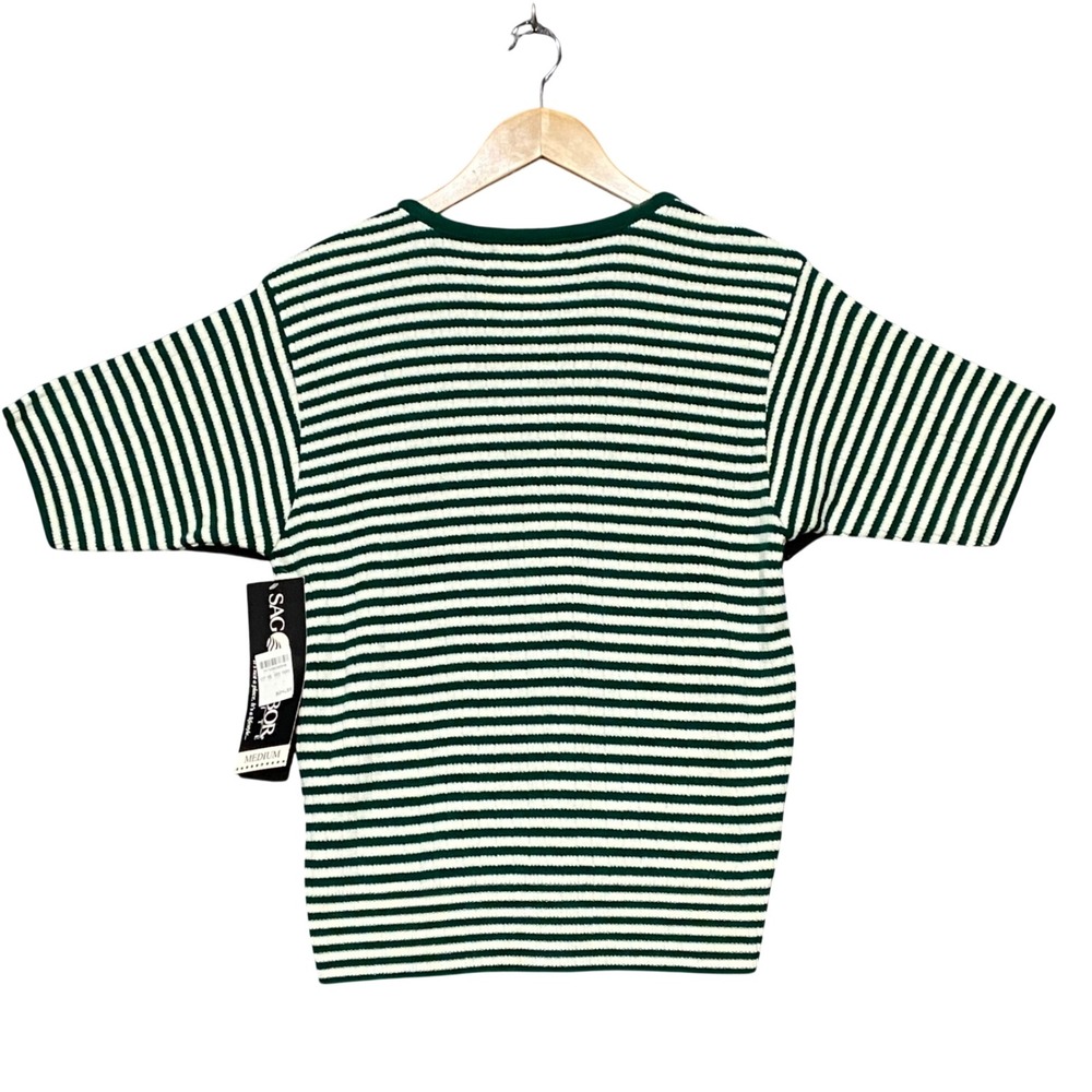 Sag Harbor Petite 3pc Cardigan Striped Top Skirt Set Pine Green Vintage NWT S/M - Picture 9 of 16